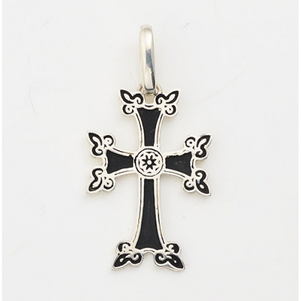 Small Armenian Sterling Silver Cross with Black Enamel 1 1/4" Tall